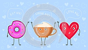 Vector illustration of donut with pink glaze, coffee cup and red heart