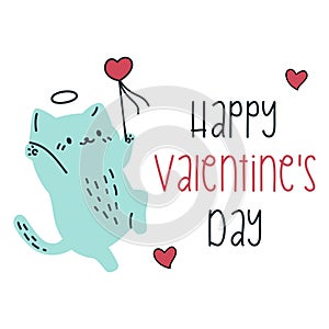 Vector illustration in doodle style. Cute kitten bouncing around with a magic wand. Happy valentine's day