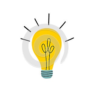 Vector illustration in doodle style of glowing yellow light bulb. Creativity bright ideas inspiration genius concept