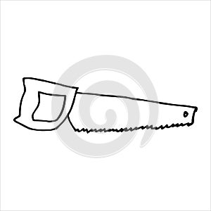 vector illustration in doodle style. saw. construction tools, work with hands.