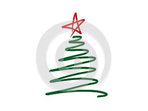 Vector illustration of doodle-style stylized Christmas tree scribble with red star on top