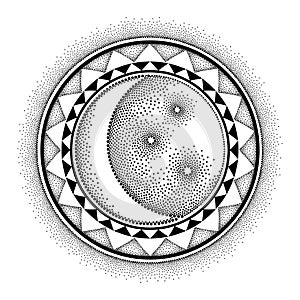 Vector illustration with dotted half moon with star and decorative frame in black isolated on white background.
