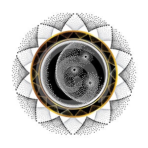 Vector illustration with dotted half moon, star and ornamental round frame in black and gold isolated on white background.