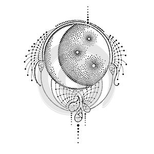 Vector illustration with dotted half moon, stars and decorative ornate lace in black isolated on white. Astronomy symbols.