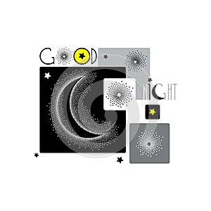 Vector illustration with dotted half moon, stars and squares isolated on white background. Astronomy symbols in dotwork style.