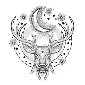 Vector illustration with dotted head deer with antlers, half moon and star in black isolated on white . Astronomy symbols.