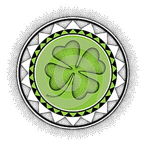 Vector illustration with dotted lucky four leaf clover or shamrock and round mandala in black and green isolated on white.