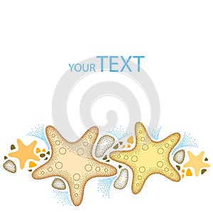 Vector illustration with dotted Starfish or Sea star in beige and pebbles on white background.
