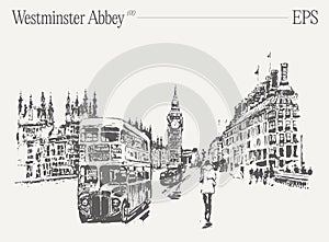 Vector illustration of a double decker bus with Westminster Abbey in London photo
