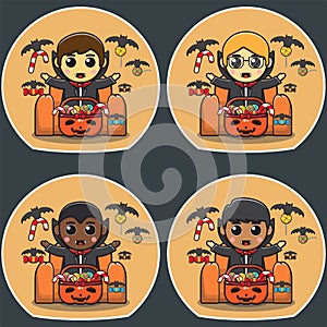 Vector illustration of Dracula sitting on couch with basket candy cartoon characters.