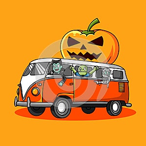 Vector illustration dracula, zombie and mummy go to halloween party by car. vector illustration halloween set with orange