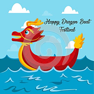 Vector illustration for Dragon Boat Festival in flat style, with a rowing dragon boat in strong waves