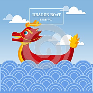 Vector illustration for Dragon Boat Festival in flat style, with a rowing dragon boat in strong waves