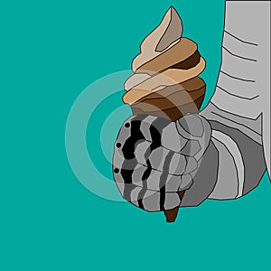 Vector illustration drawing of a knight`s hand in armor of gray shades with ice cream in a waffle cone in a fist on a green