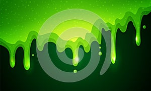 Vector illustration of dribble slime. Flowing green sticky liquid on dark background.