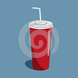 Vector illustration drink cola on the blue backgroud. Soda drink in paper cup with tubule.