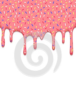 Vector Illustration of Dripping Pink Glaze with Colorful Sprinkles Isolated on White. Abstract 3d Food Background