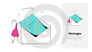 Vector illustration of e-mail and messages delivery. A woman holding a big envelope.