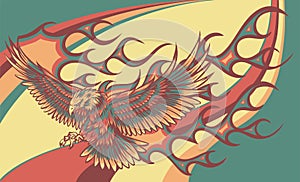 vector illustration of eagle with flames on colored background