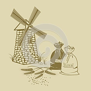 Vector illustration of ears of wheat, sacks of flour and windmill