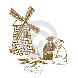 Vector illustration of ears of wheat, sacks of flour and windmill on the white background