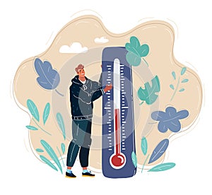 Vector illustration of Earth of Global Warming. Tiny man characters thermometer