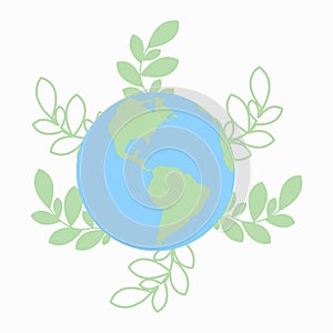 Vector illustration of Earth globe with green leaves, recycle leaves. Concept of World Environment Day, save the Earth