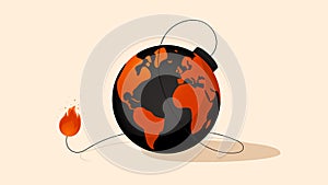 Vector illustration of the Earth globe in a shape of a bomb with a lit fuse. Concept illustration representing global warming,