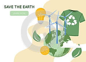 Vector illustration of Earth globe, wind power plant, light bulb, recycling t-shirt, Reduce, reuse, recycle symbol. Concept of