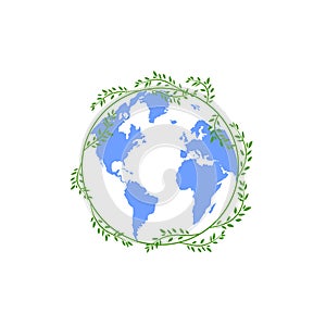 Vector illustration of Earth map with floral frame, safe the Planet concept, green and blue illustration isolated.