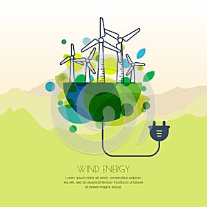 Vector illustration of earth with wind turbines, and wire plug.