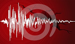 Vector illustration of earthquake curve wave and Earth Crack on red background