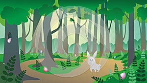 Rabbit on the forest with few of colorful easter eggs