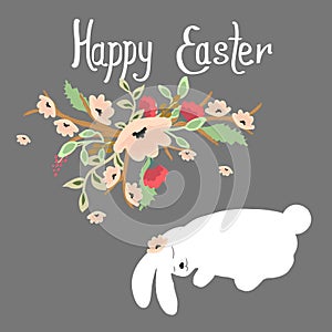 Vector Illustration. Easter bunny , spring flowers with Happy Easter phrase on dark background.