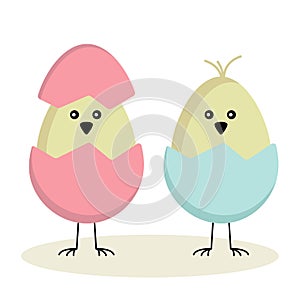 Vector illustration of Easter chickens. Vector collection of Easter elements for design. Two Easter eggs