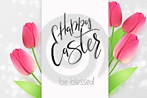 Vector illustration of easter day greetings banner template with hand lettering label - happy easter- with realistic