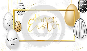 Vector illustration of easter day greetings banner template with hand lettering label - happy easter- with realistic