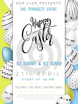 Vector illustration of easter day invitation party poster template with hand lettering label - happy easter- with