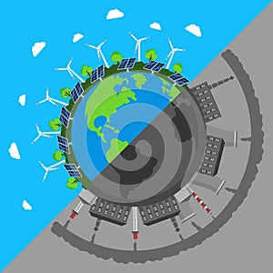 Vector illustration of eco clean energy production on planet. Flat design.