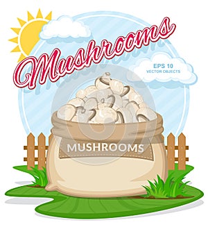 Vector illustration of eco products. Mushrooms in burlap sack.