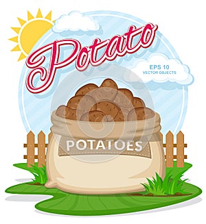 Vector illustration of eco products. Potatoes in burlap sack.