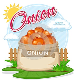 Vector illustration of eco products. Ripe Onion in burlap sack.