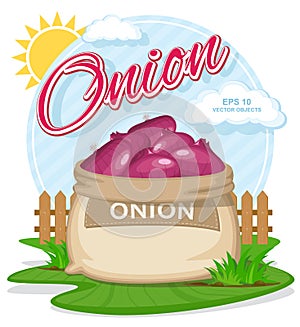 Vector illustration of eco products. Ripe Red Onion in burlap sack.