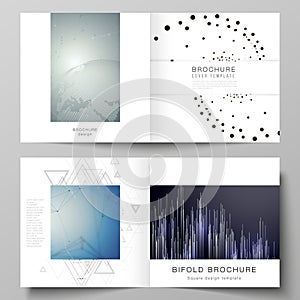 The vector illustration of the editable layout of two covers templates for square design bifold brochure, magazine