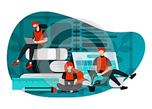 Vector illustration of education 4.0, learning industry revolution, study at internet. group of people studying using laptop, late