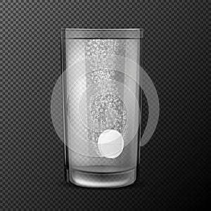 Vector illustration of effervescent tablets, soluble pills falling in a glass with water with fizzy bubbles on photo