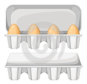 Vector illustration egg box with brown fresh chicken eggs. Egg container open and close. Isolated on white background.