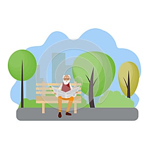 Vector illustration of an elderly man sitting alone in a park on a bench outside