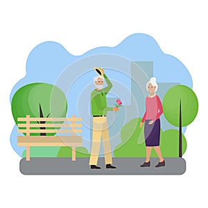 Vector illustration with elderly man and woman on a date in the park. An old man gives a bouquet of flowers to his lady on nature