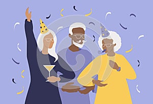 Vector illustration - elderly people of different races have fun at the party. happy active old age.